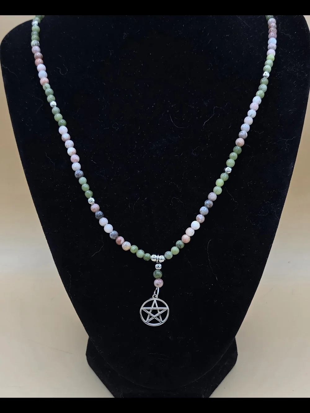 Green Jade, Plum Blossom Jasper and Stainless Steel Necklace Pentagram Pendant